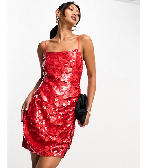 NWT ASOS EDITION Drape Side RED SEQUIN Party COCKTAIL Cami MINI DRESS US 10 - Picture 9 of 13
